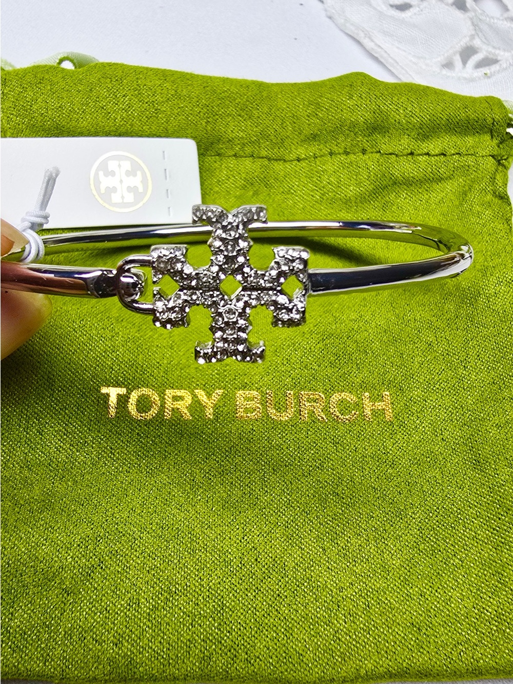 Tory Burch Silver Crystal Logo Bangle Bracelet